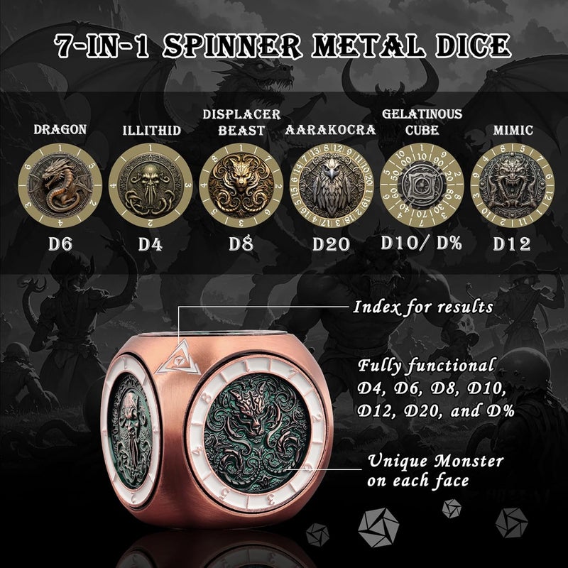 Haxtec Spinner Dice 7-in-1 Metal DND Dice Set Unique Dice DND Gifts Spinner Goblins Metal D&D Die Compatible with Dungeons and Dragons - Image 2